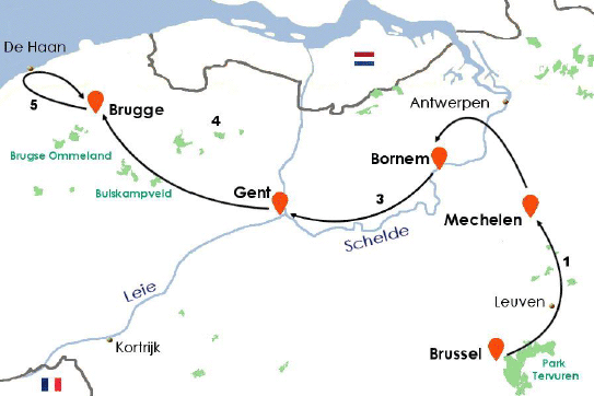 Carte du circuit vélo entre Bruxelles et Bruges